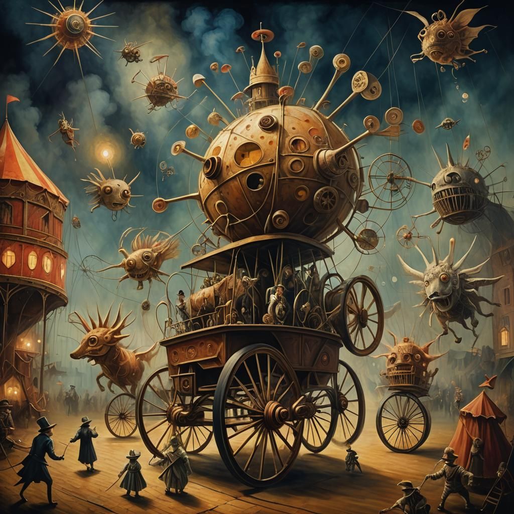 Surreal Circus Show with Wheeled Creatures