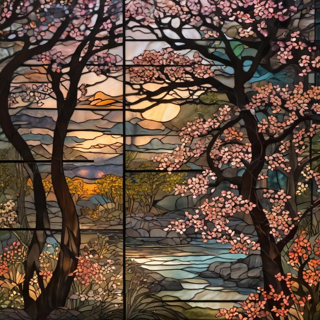 Japanese Garden in Art Nouveau Stained Glass