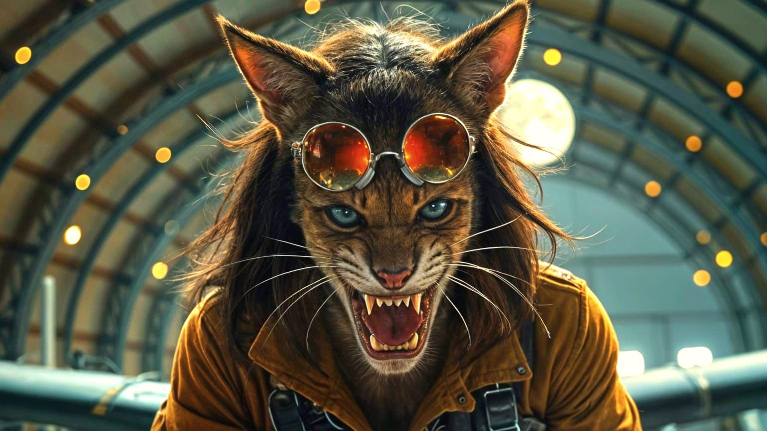 Furious Feline Aviatrix in Retro-Futuristic Hangar