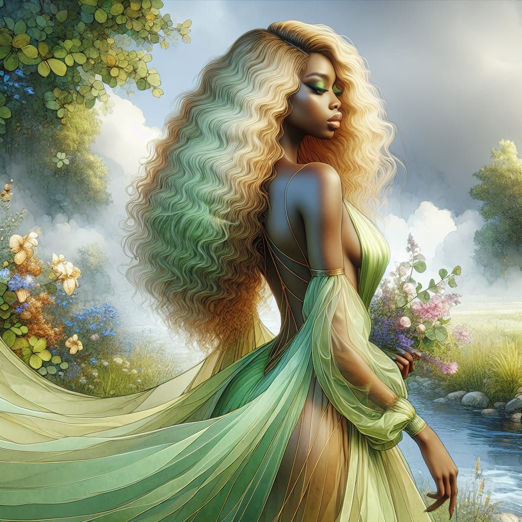 Elegant Woman in Lime Dress, Watercolor Style