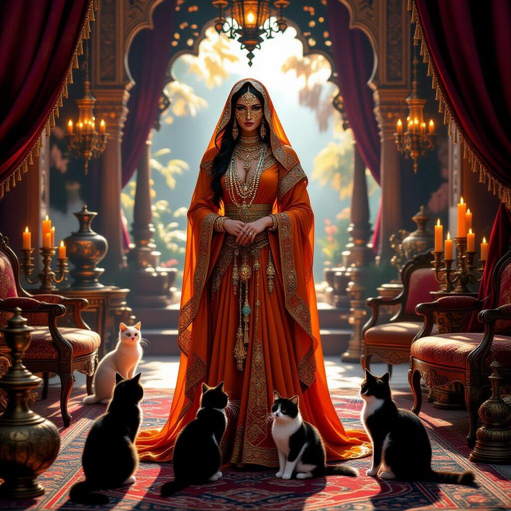 Mystical Figure in Orange Robes with Cats