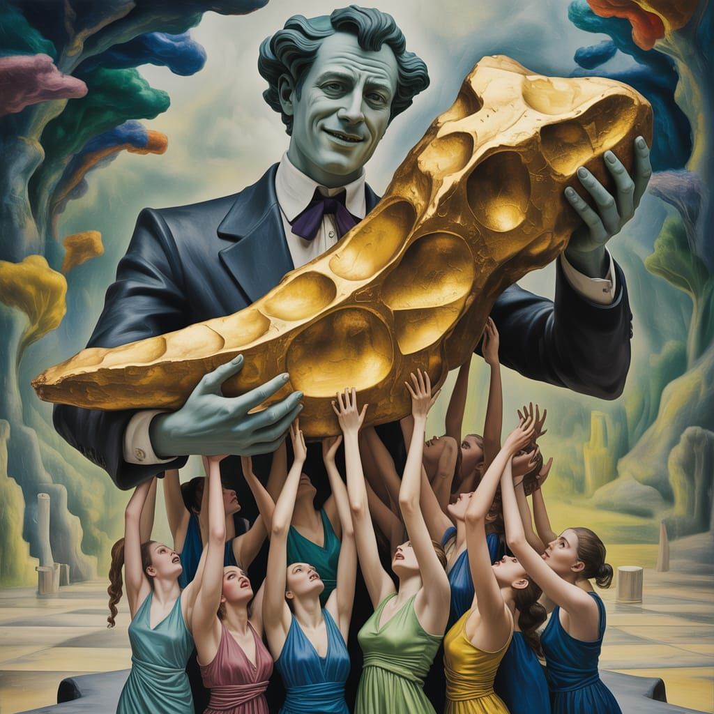 Surreal Aristocrat Statue with Golden Mobile, Dreamlike Pain...