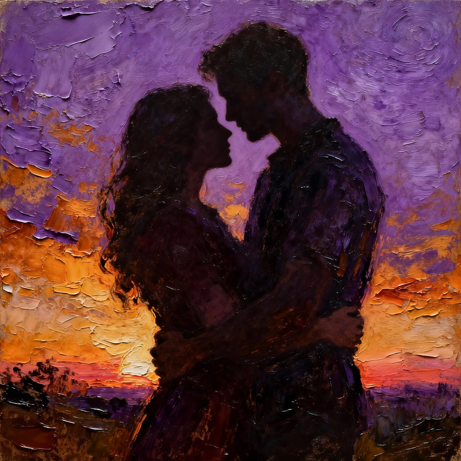 Emotive Couple Embracing at Purple Sunset, Encaustic Paintin...