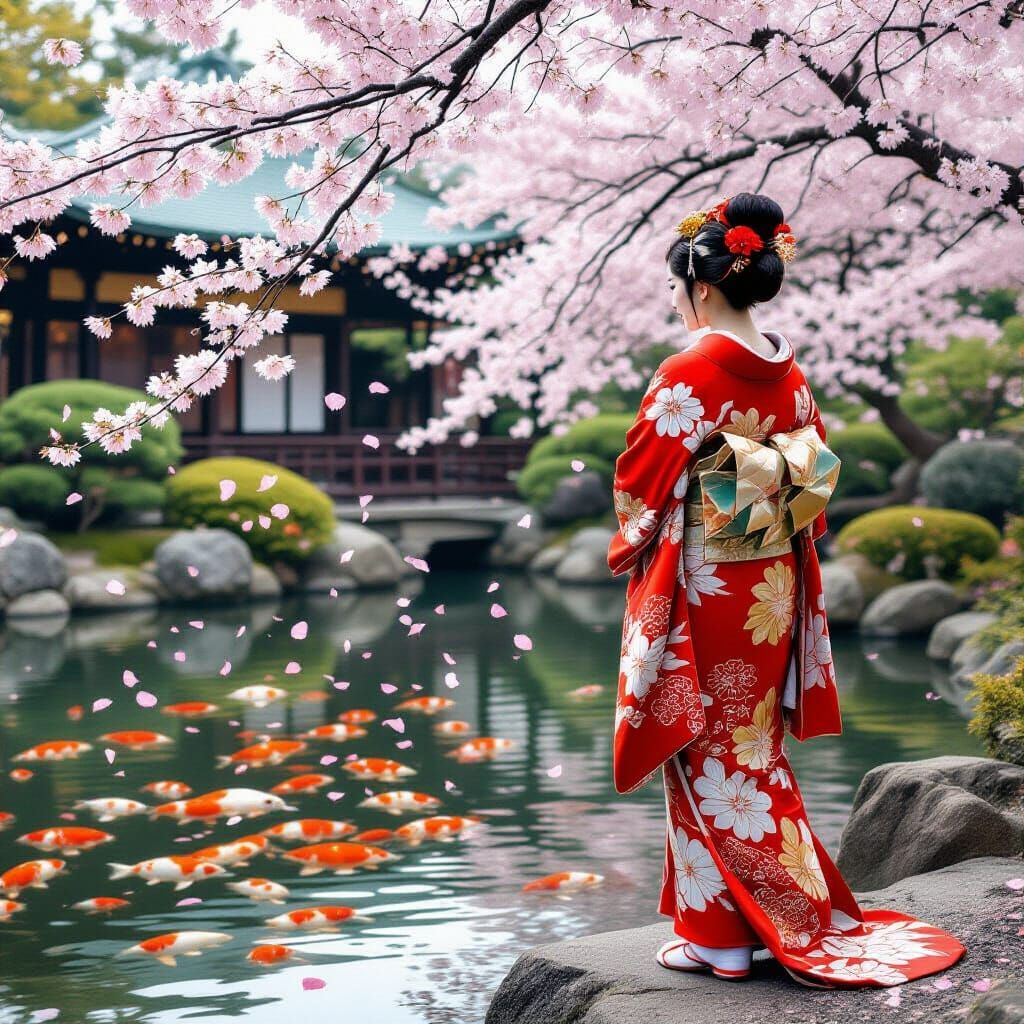 A beautiful Japanese woman in a traditional kimono of red and gold stands on the side of a koi pond, watching the cherry...