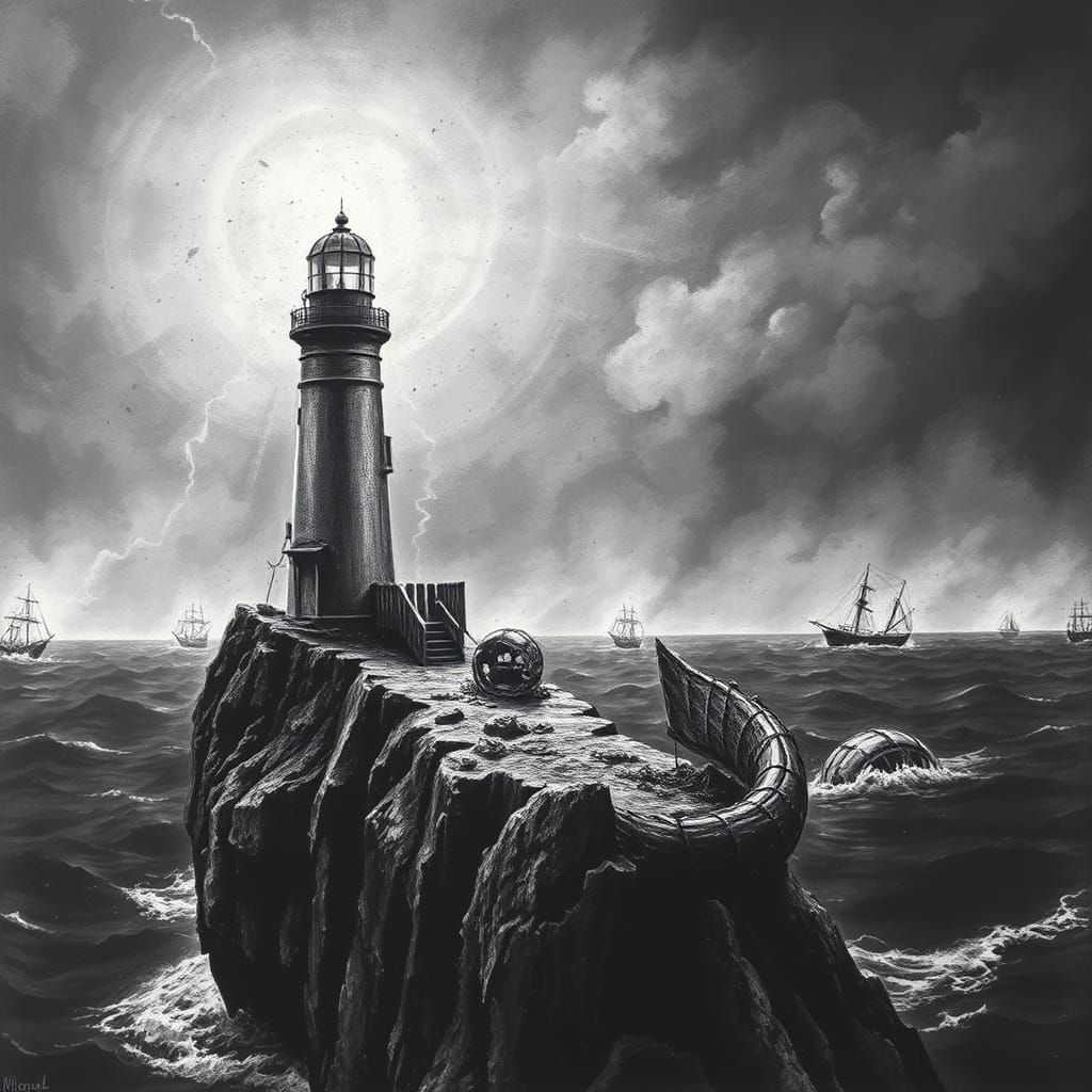 Gothic Lighthouse on Jagged Cliff in Charcoal Drawing Style