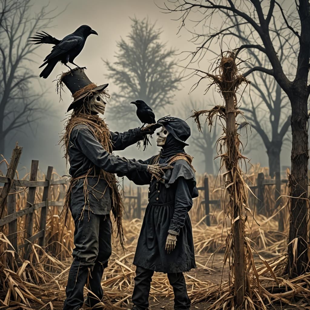 Crow Stealing a Scarecrow in Hyperrealistic Style