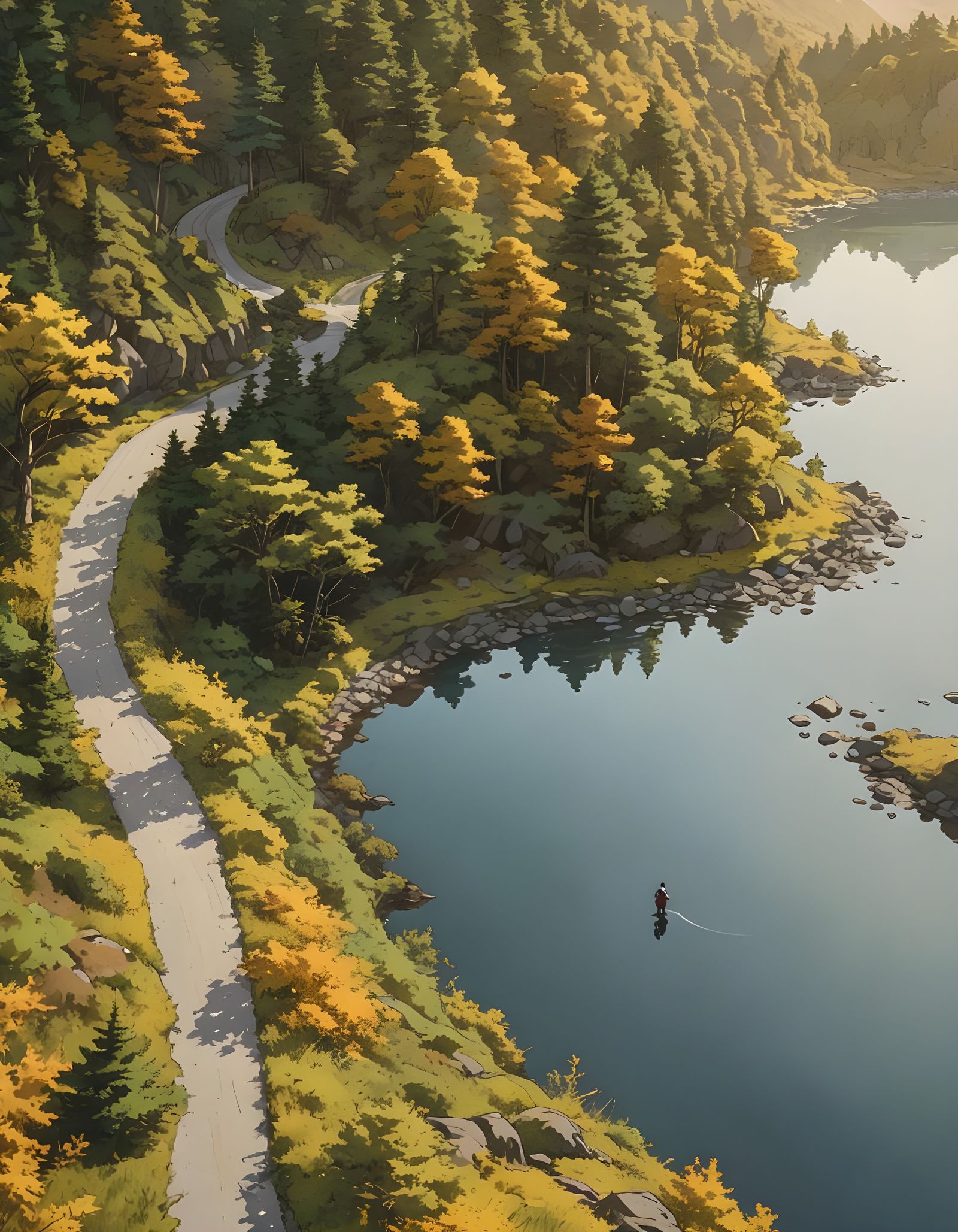 Anime-Style Road Leads to Serene Lake Landscape