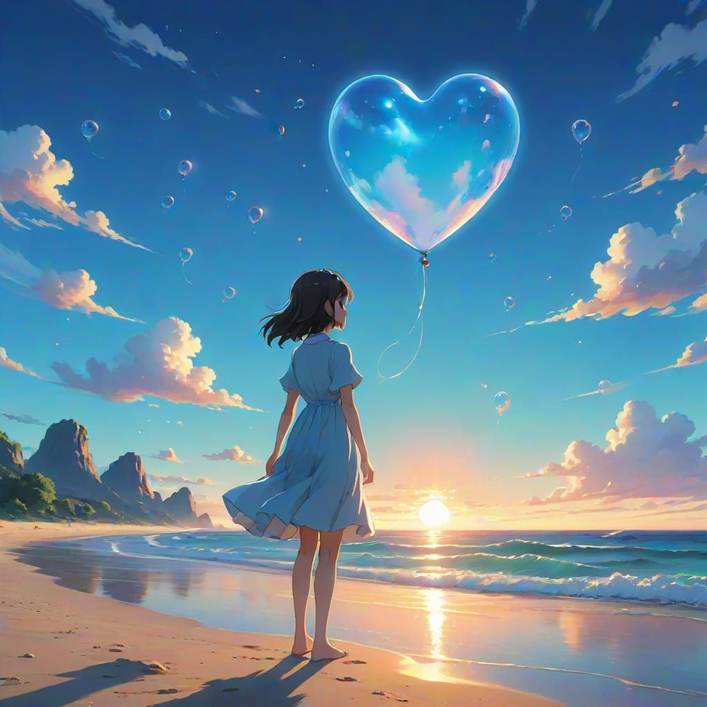 Anime Dreamscape: Heart Bubbles on Twilight Beach