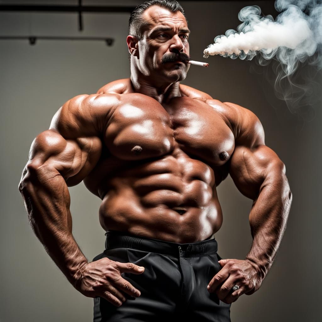 Hyperrealistic Bodybuilder Smoker with Massive Muscles