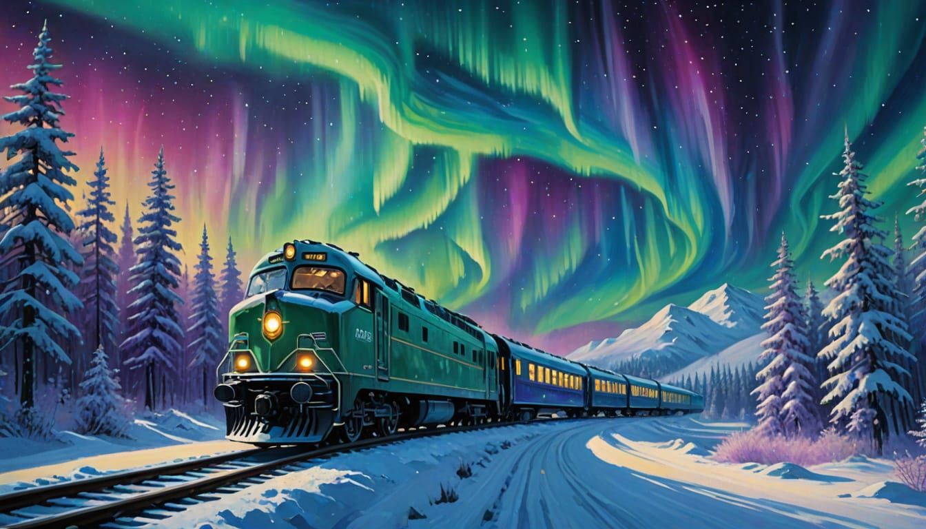 Winter Train Under Aurora Borealis Sky