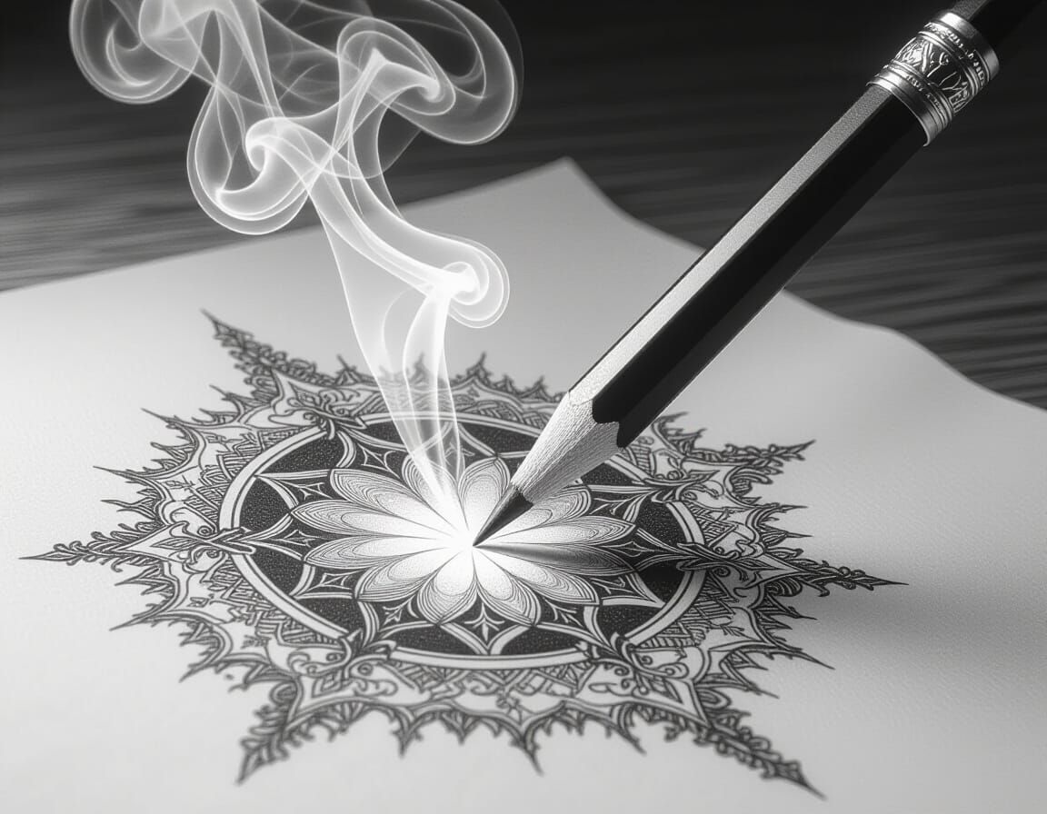 Magic Pencil Transforms Into Smoke Over Parchment