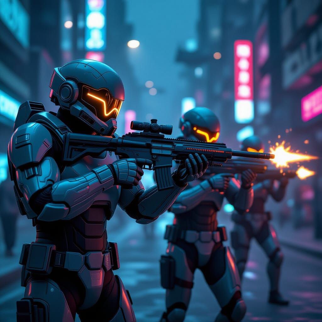 Futuristic Troopers Engage in Neon City Combat