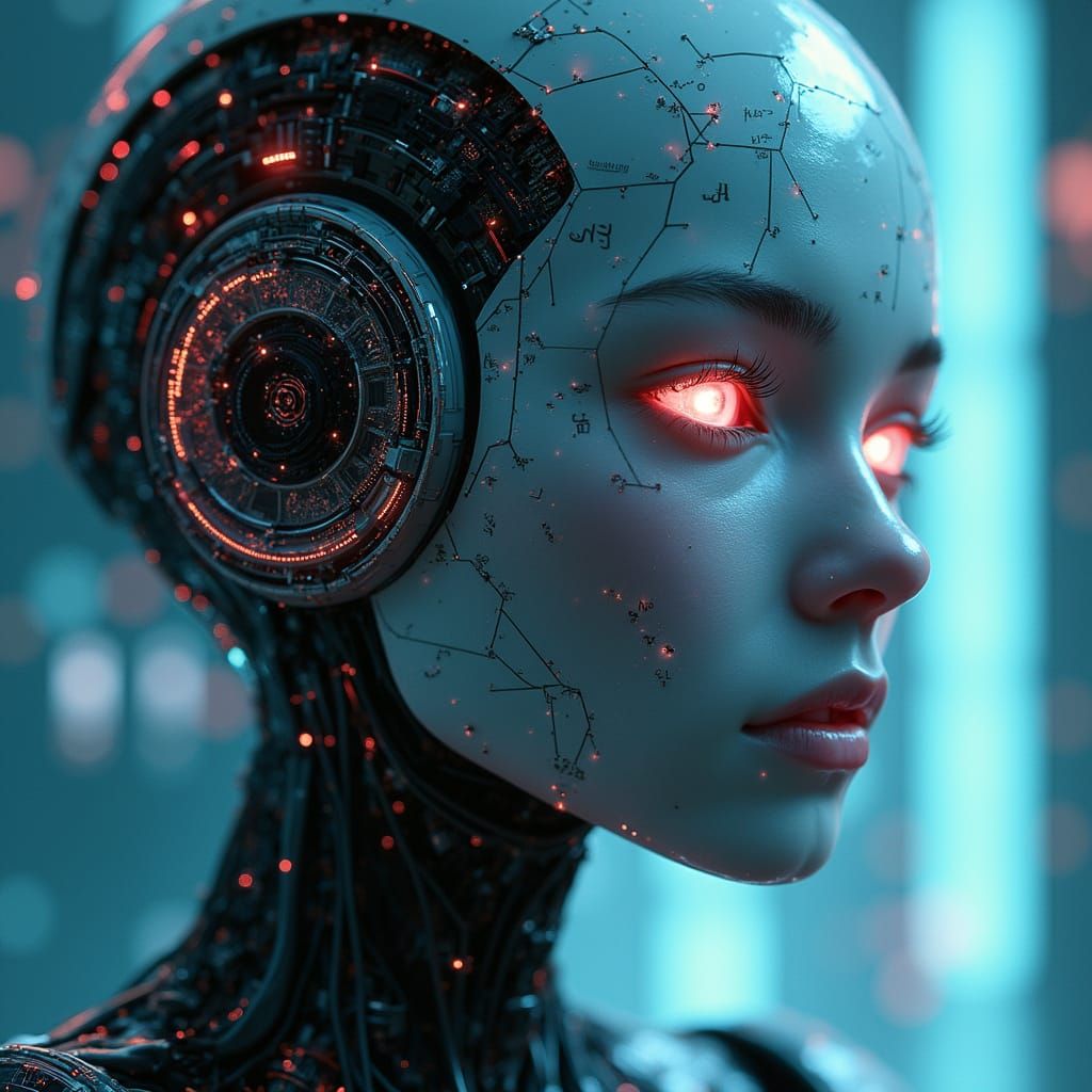 Android Siren with Glitching Circuitry in Cyberpunk Style