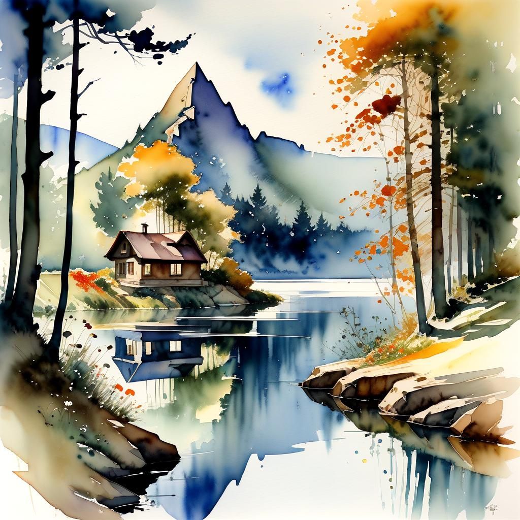 Watercolor Lake in a Fantastic Style