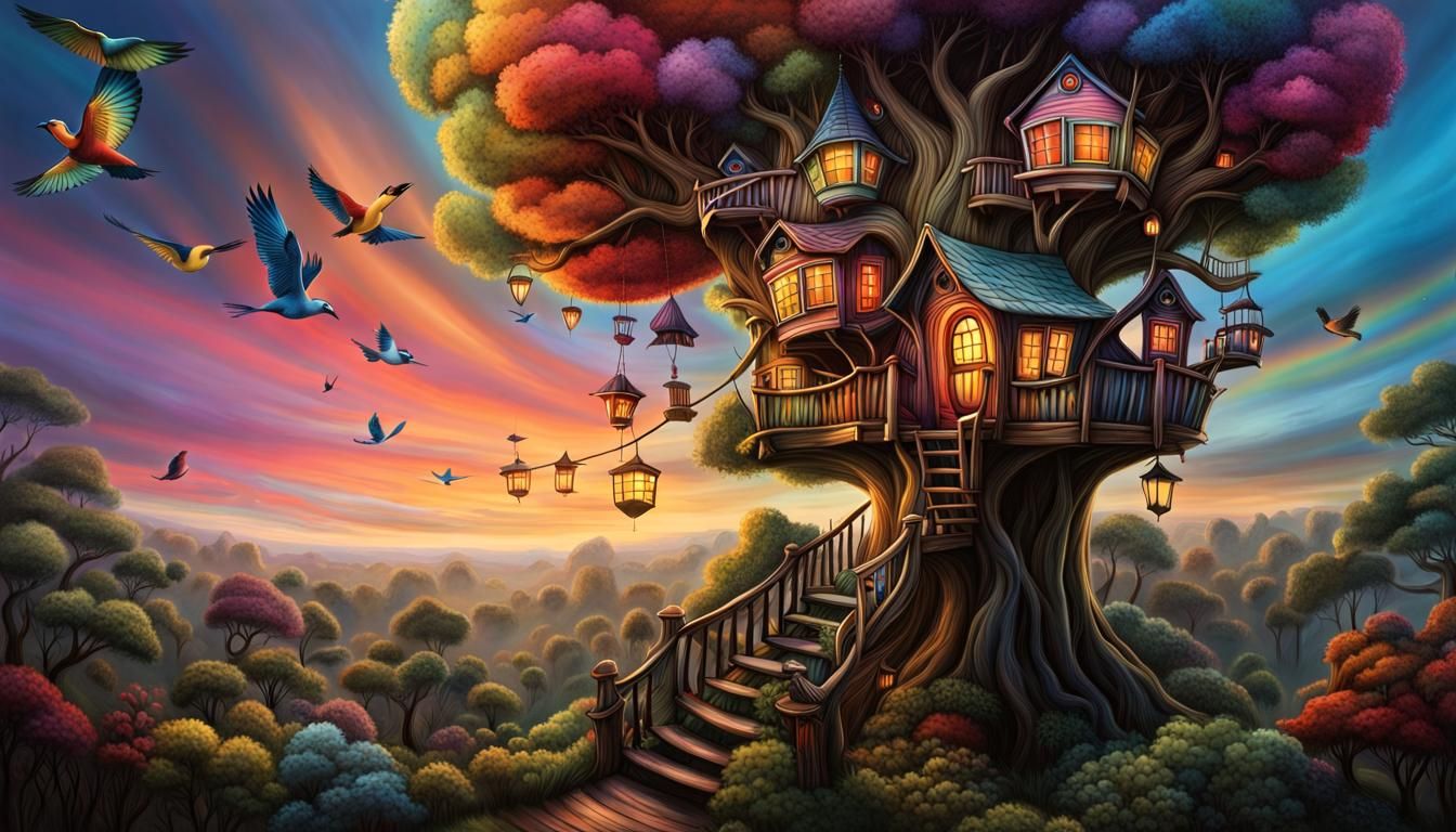 Whimsical Treehouse in Dark Fantasy Style at Dusk