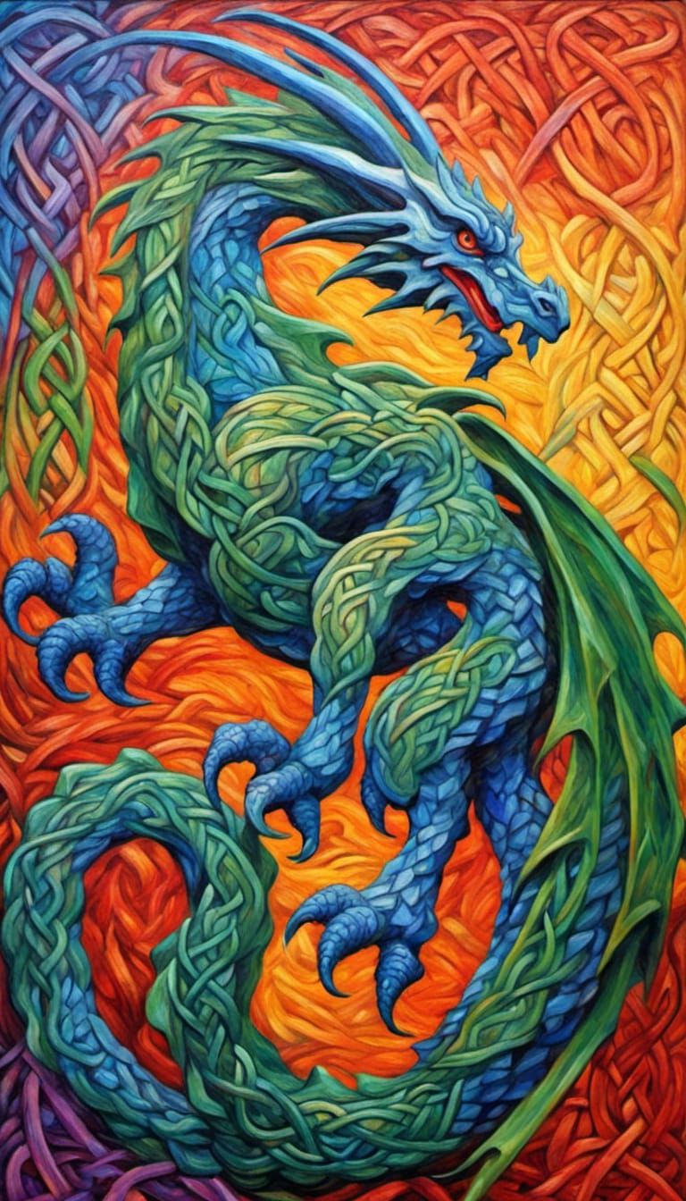 Colorful Celtic Knotwork Dragon in Impasto Style