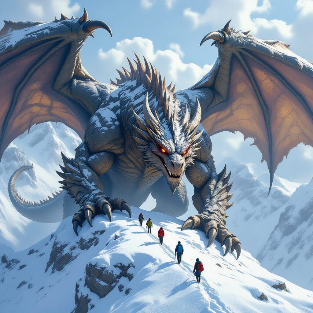 Colossal Dragon Guides Climbers Down Snowy Peak