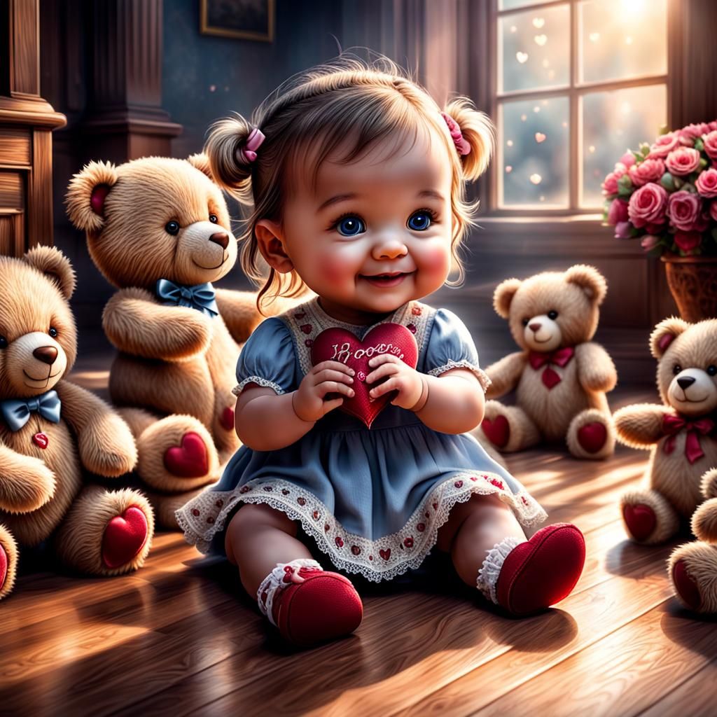 Adorable Baby Girl Playing with Teddy Bears