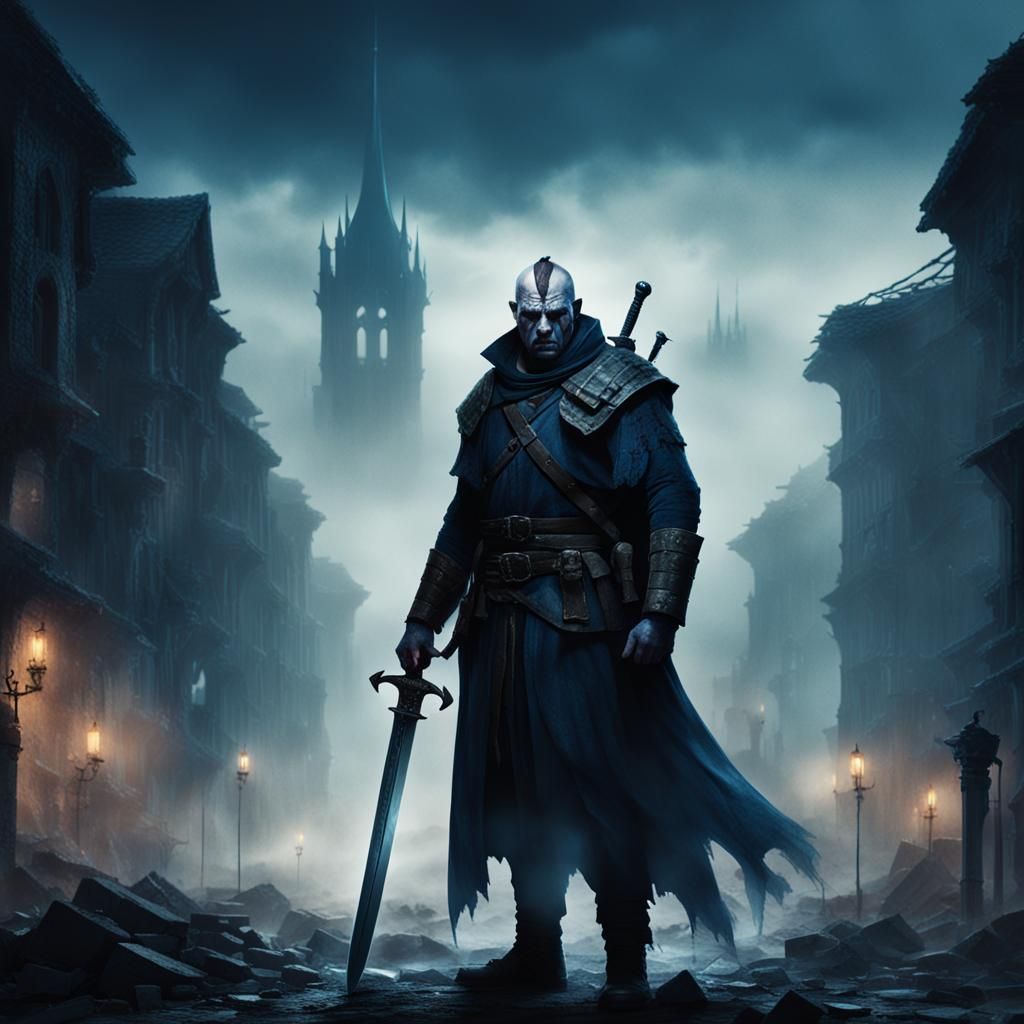 Dark Fantasy Portrait of Sion in Ruined City