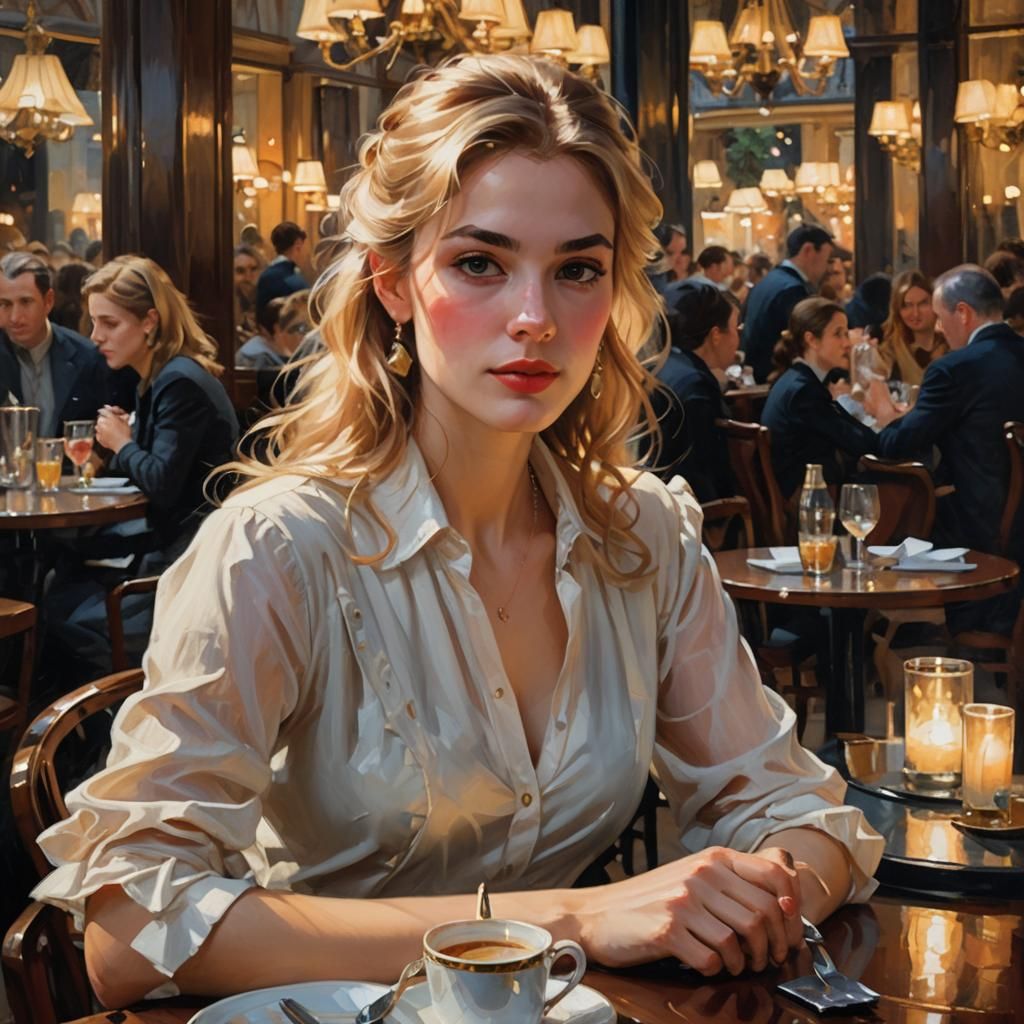 Elegant Woman in Paris Cafe: Impressionistic Portrait