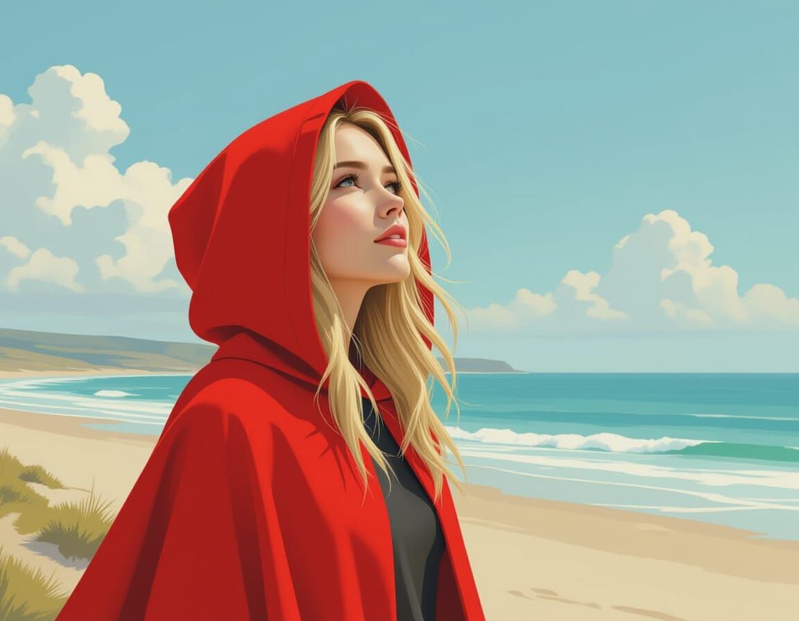 Woman in Red Cloak Gazing at Coastal Scene