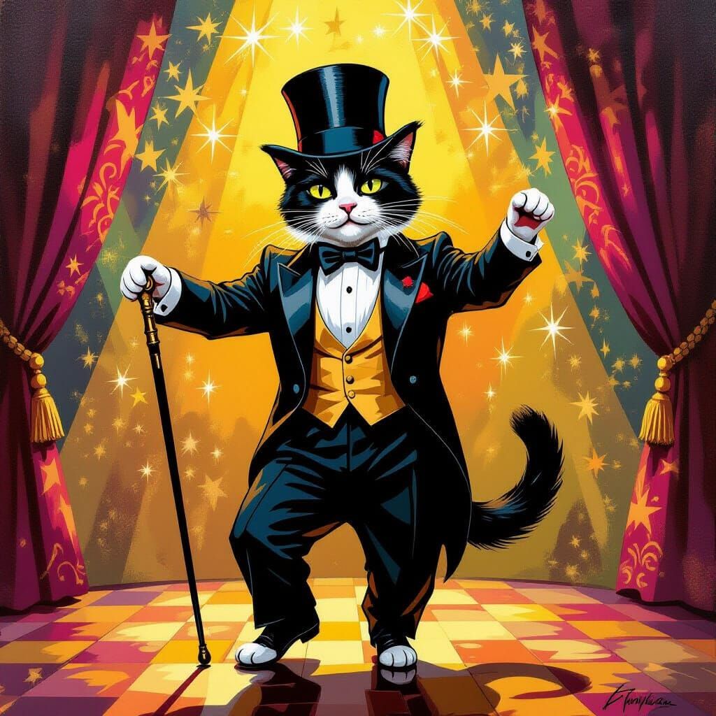 Tuxedo Cat Tap Dancing in Vegas Oil Painting