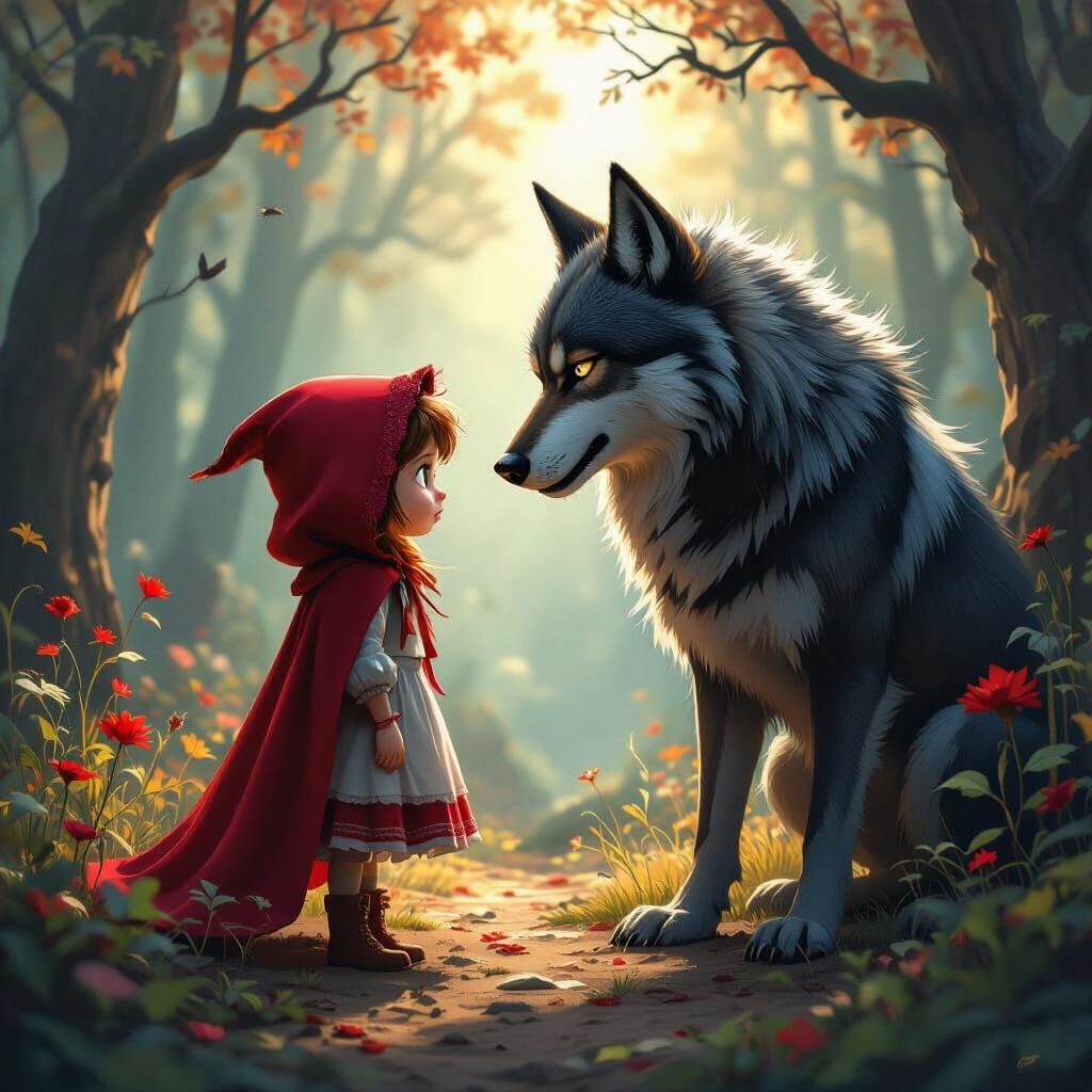 Little Red Riding Hood Scolding Wolf in Fantasy Concept Art