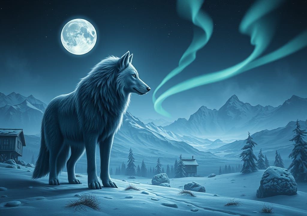 Majestic Fenris Wolf in Winter Lunar Landscape