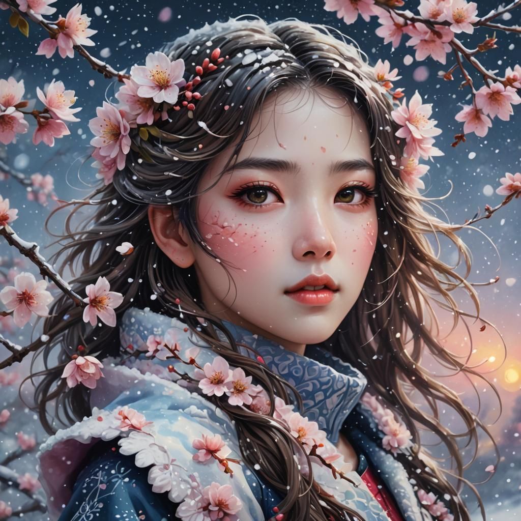 Cherry Blossom Woman in Snowy Landscape, Detailed Matte Pain...
