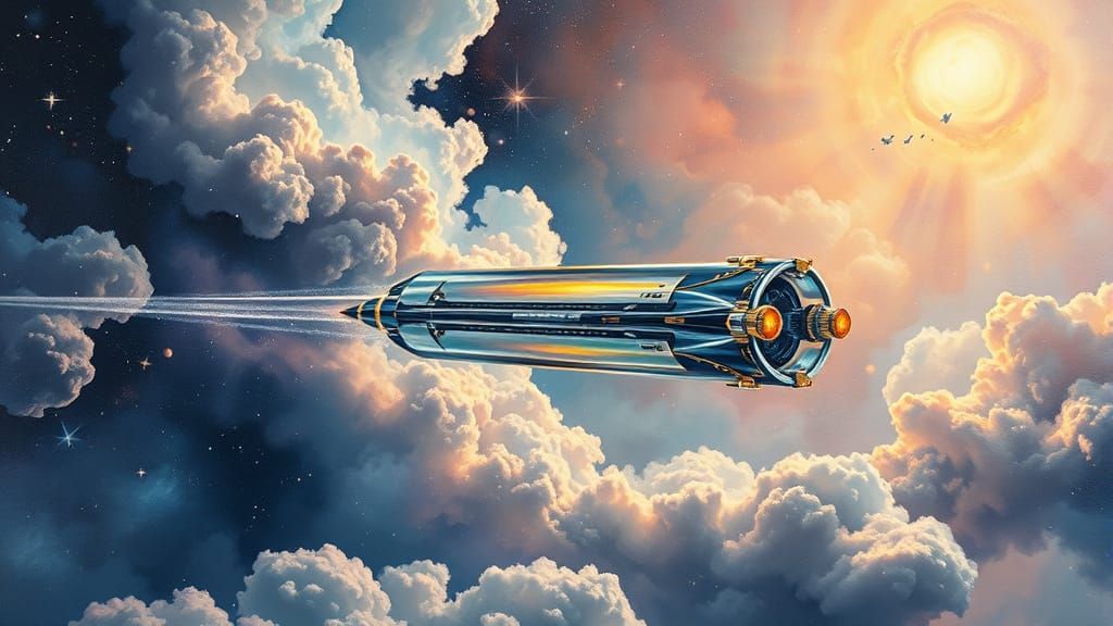 Cosmic Retrofuturist Spaceship in Iridescent Haze