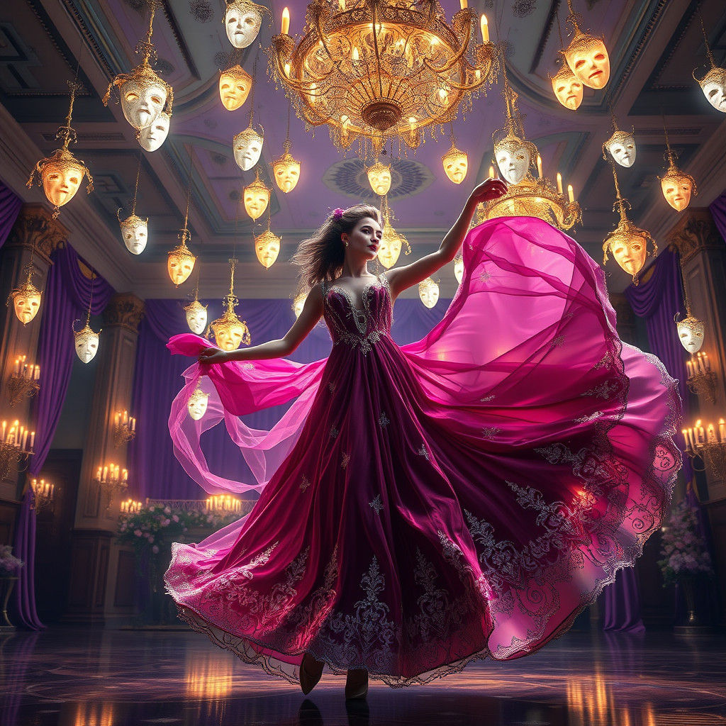 Ethereal Masquerade Ball Dancer in a Kaleidoscope of Glowing...
