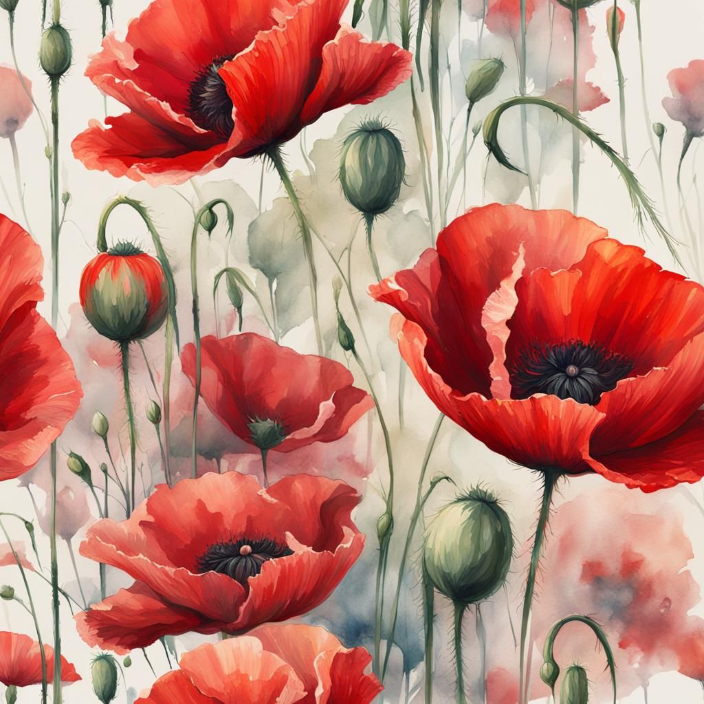 Red Poppies Watercolor Painting on Pale Background