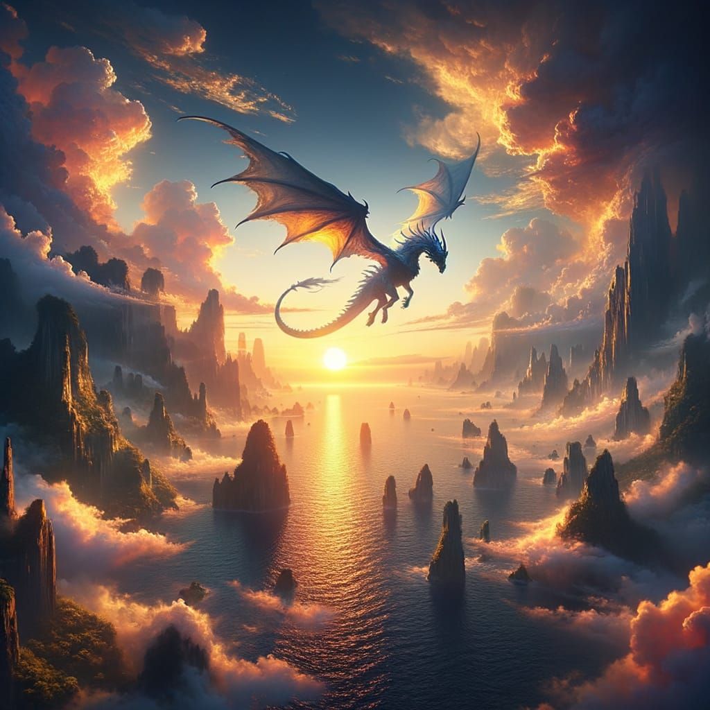 Spectacular Sunrise Sea with Majestic Dragon in Deep, Rich C...