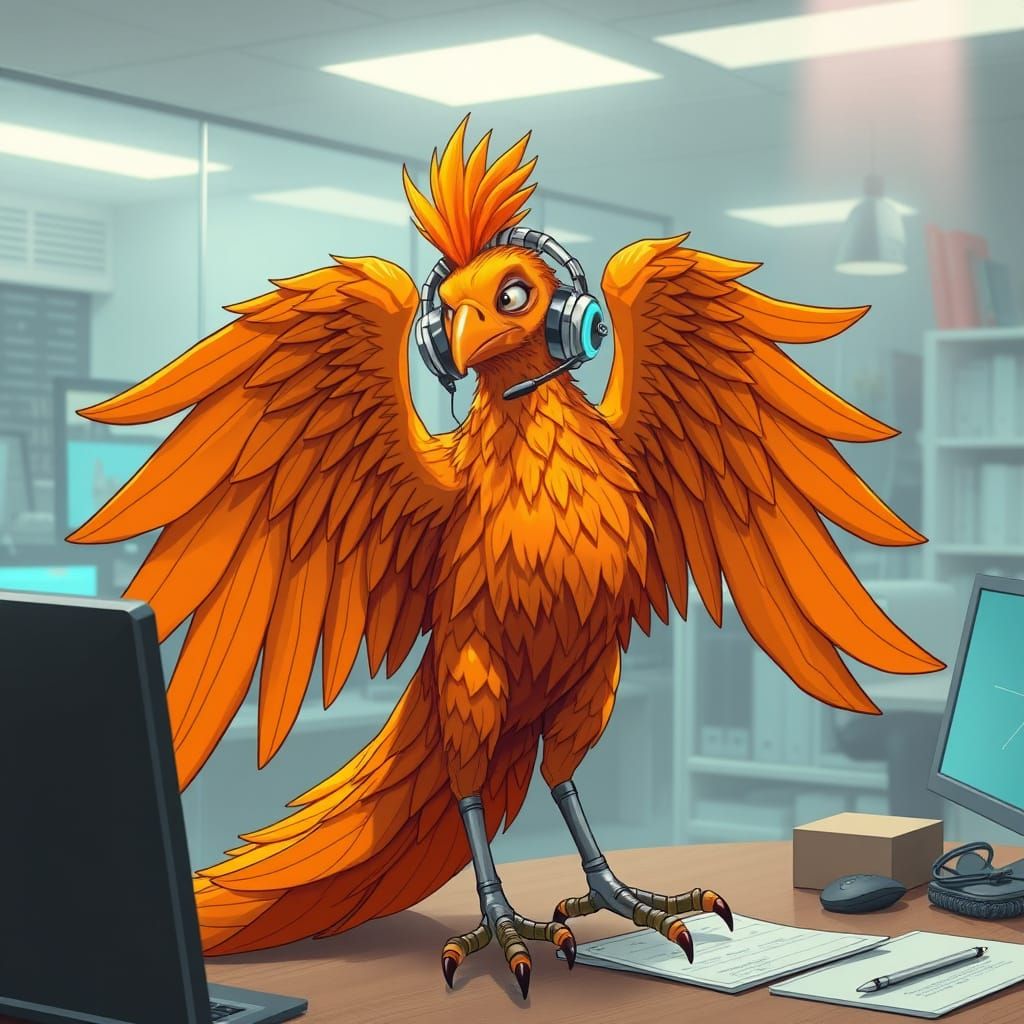 Phoenix as Clippy in Retro-Futuristic Office