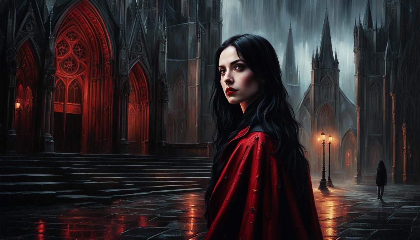 Vampire Woman in Rainy Gothic Oil Painting