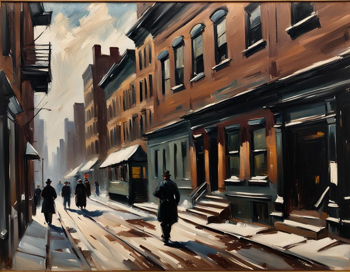 Ashcan school art,19th century New York, oil painting, gritty urban subject matter, dark palette, and gestural brushwork...