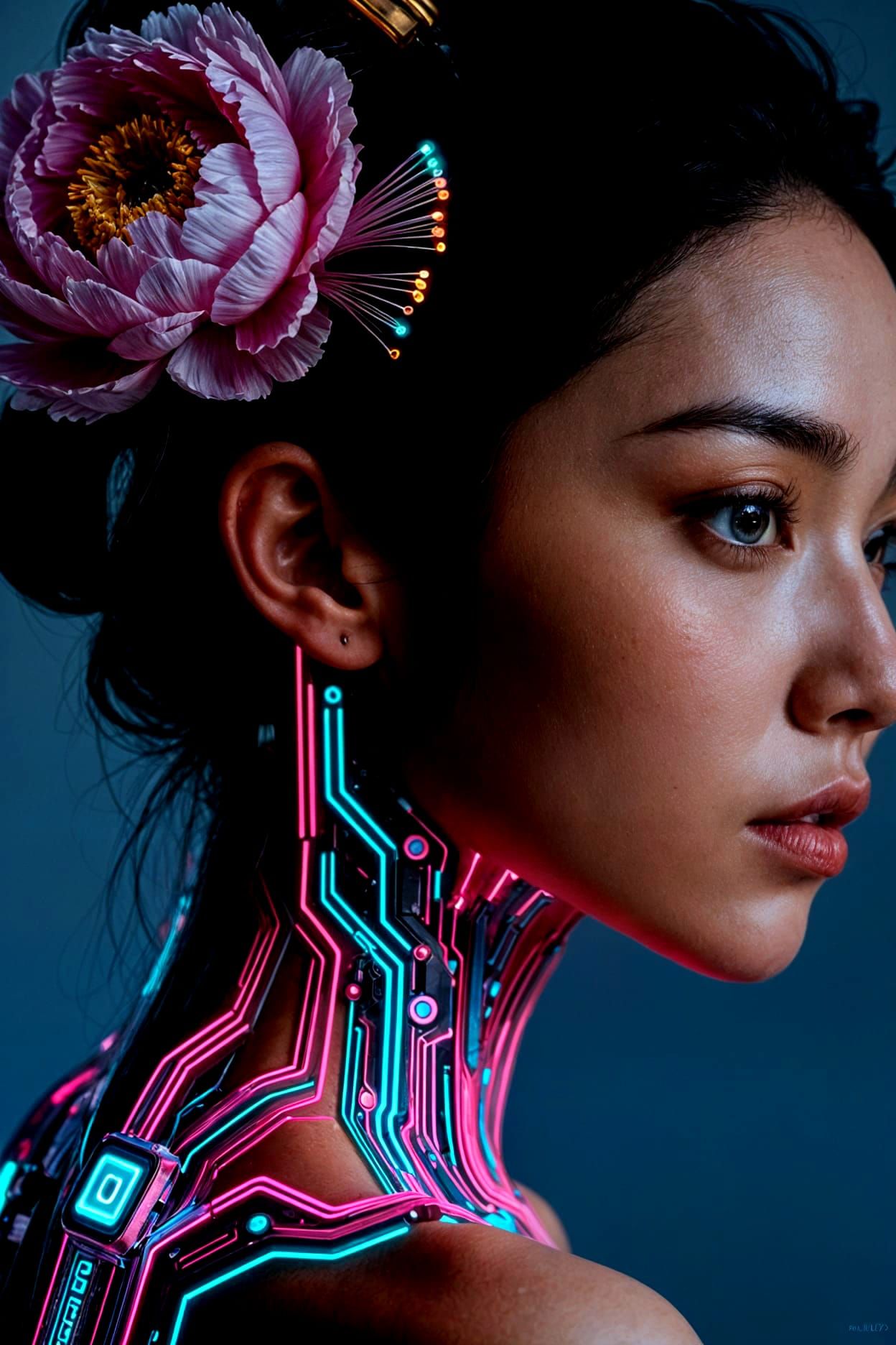 Cyberpunk Girl Macro Portrait with Neon Circuitry