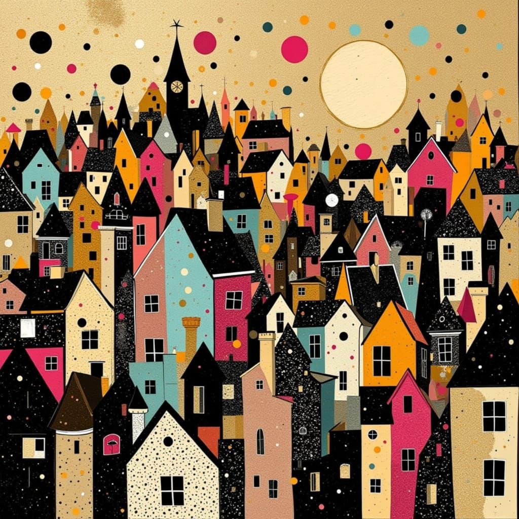 Kintsugi Mosaic Cityscape in Art Nouveau Style