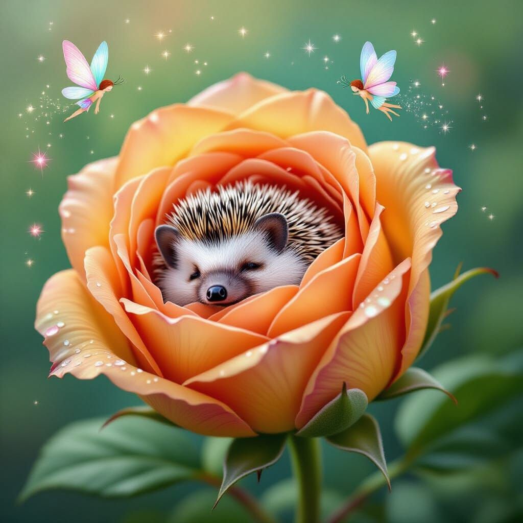 Sleeping Hedgehog in Giant Rose with Fairies