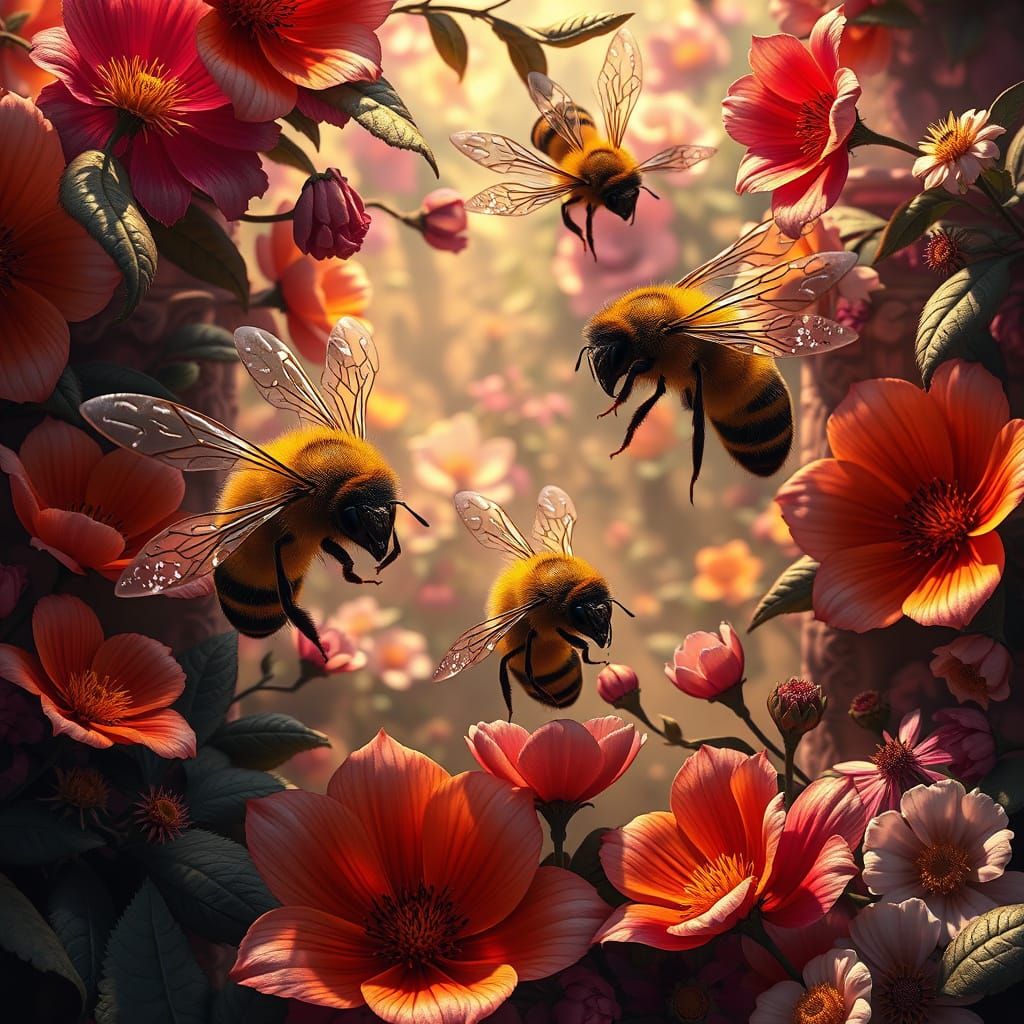 Bees in Hyperdetailed Floral Fantasy Scene