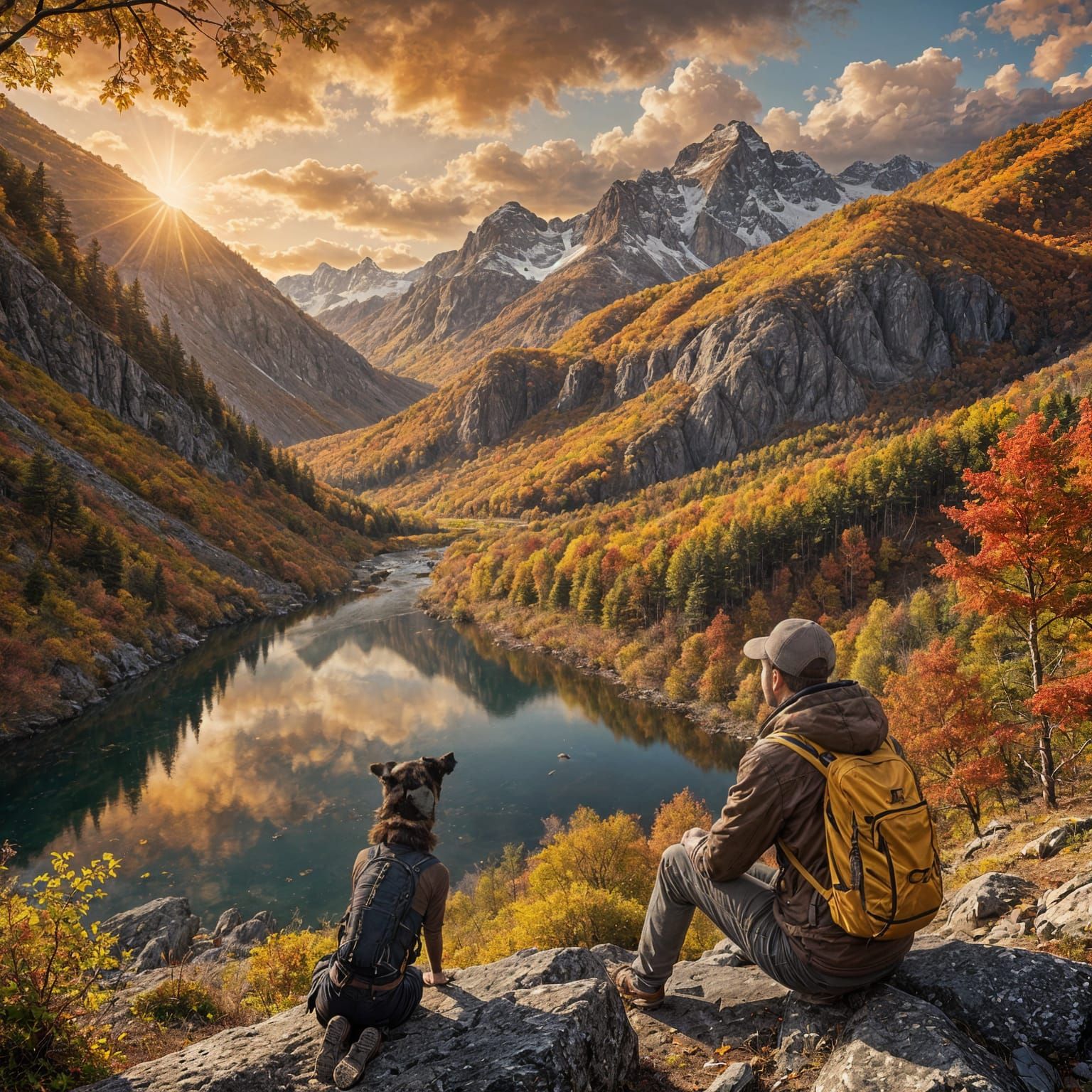 Autumnal Hiker Silhouette in Mountain Landscape