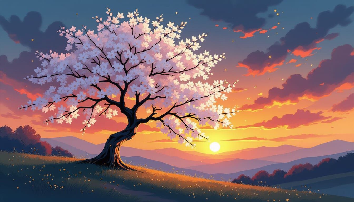 Blooming Cherry Tree in Alcohol Ink Sunset
