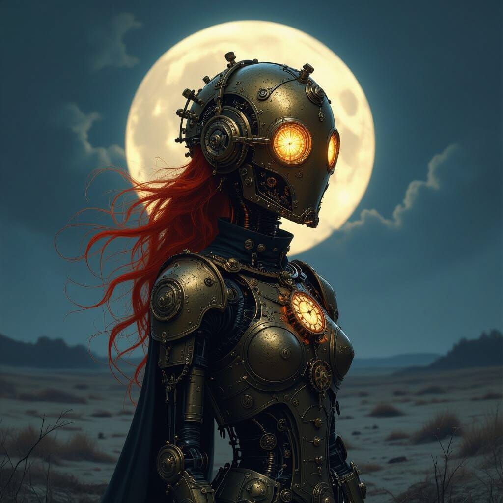 Clockwork Automaton on Moonlit Moor in Ethereal Style