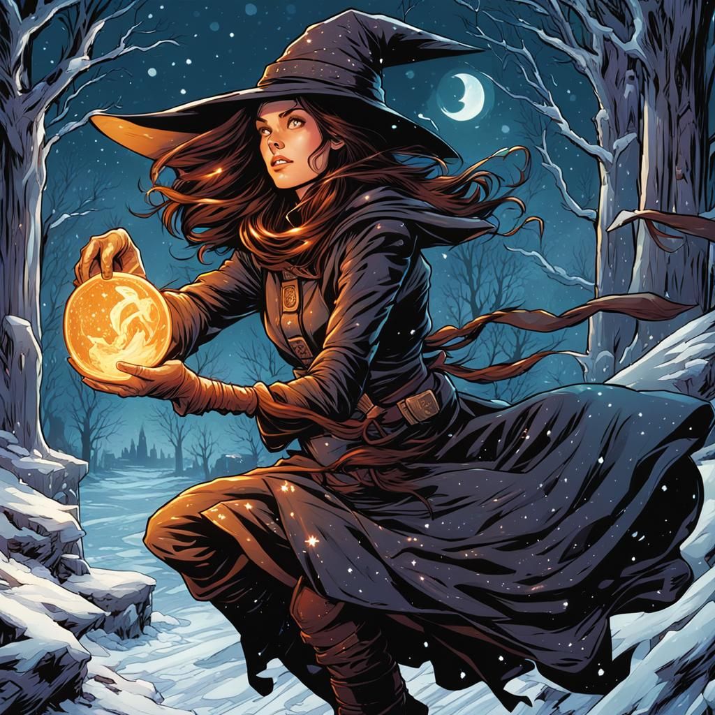 Winter Witch Casting Magic: Comic Book Art