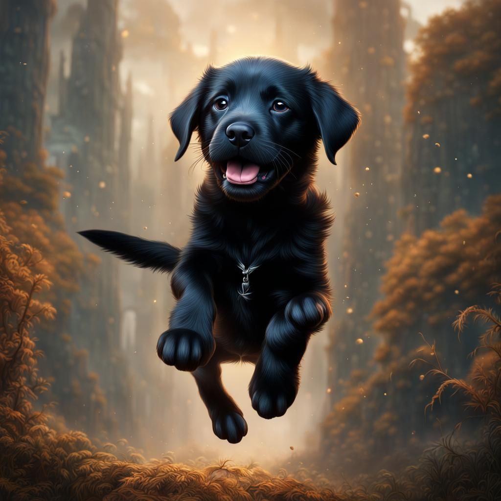 Black Lab Puppy Jumping: Detailed Fantasy Art