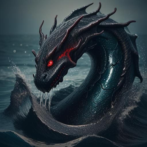 Sea Serpent with Red Eyes in Black Waves