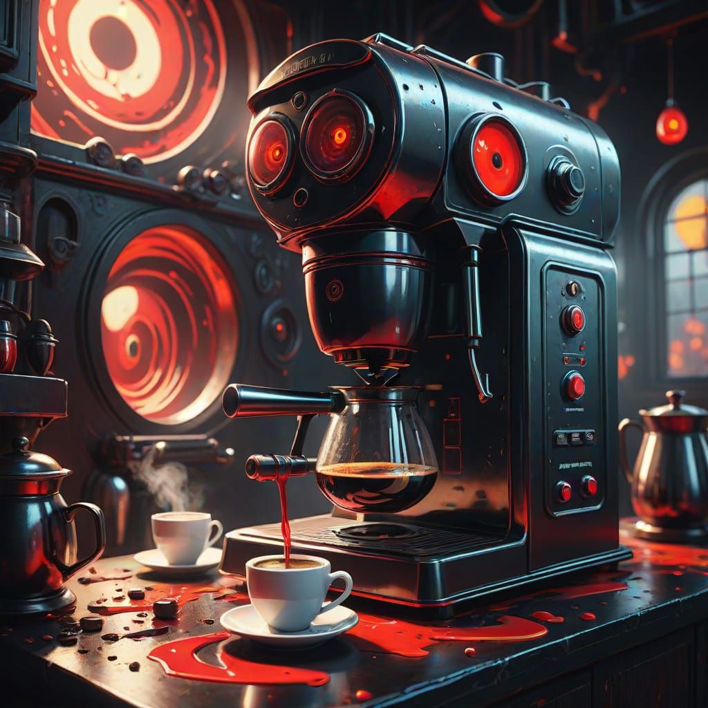 Surreal Coffee Maker Dominates Dark Fantasy Landscape