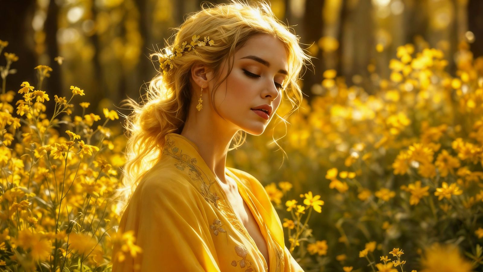 Golden Goddess at Sunset in a Lush Wildflower Meadow