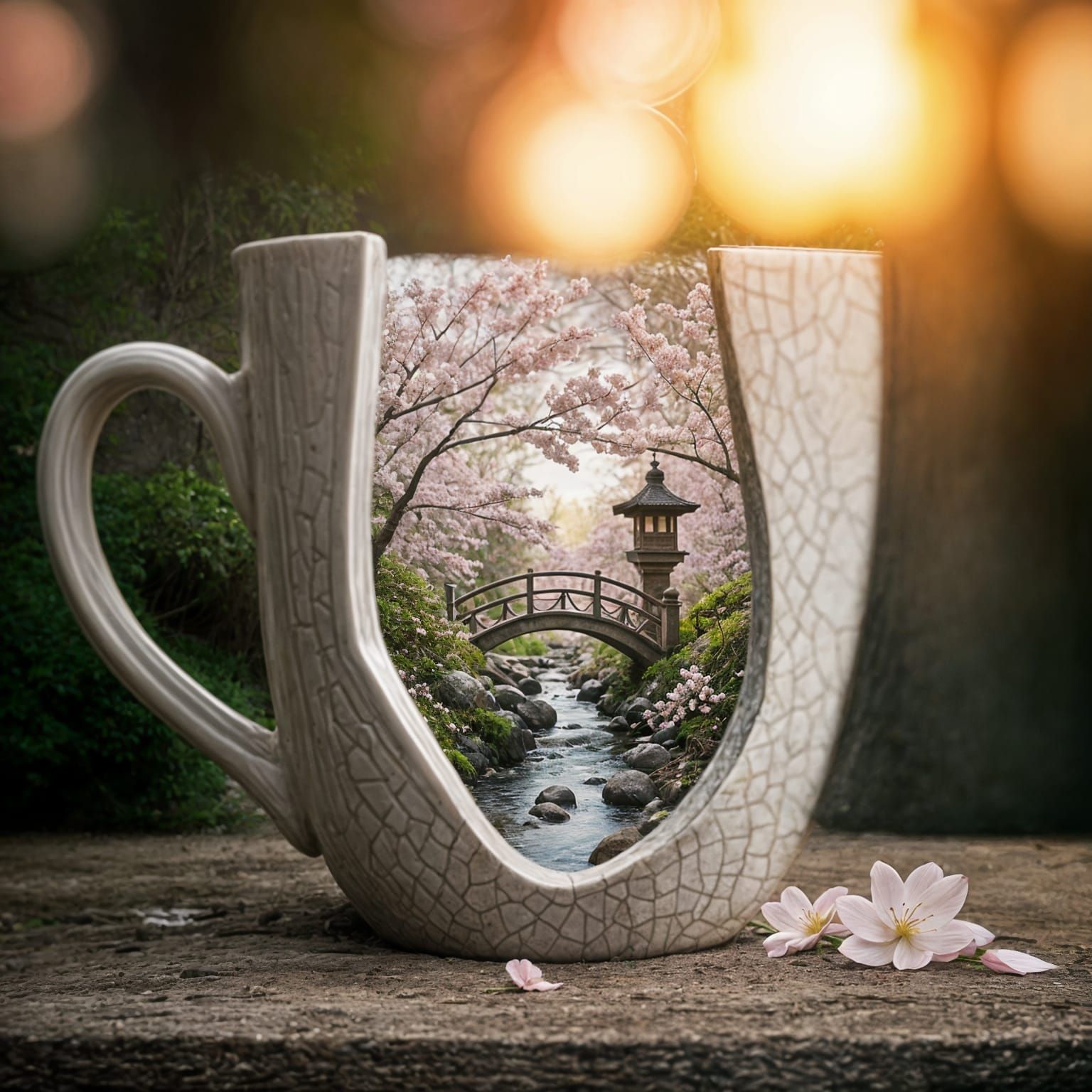 Delicate Sakura Garden in a Cracked Ceramic Mug