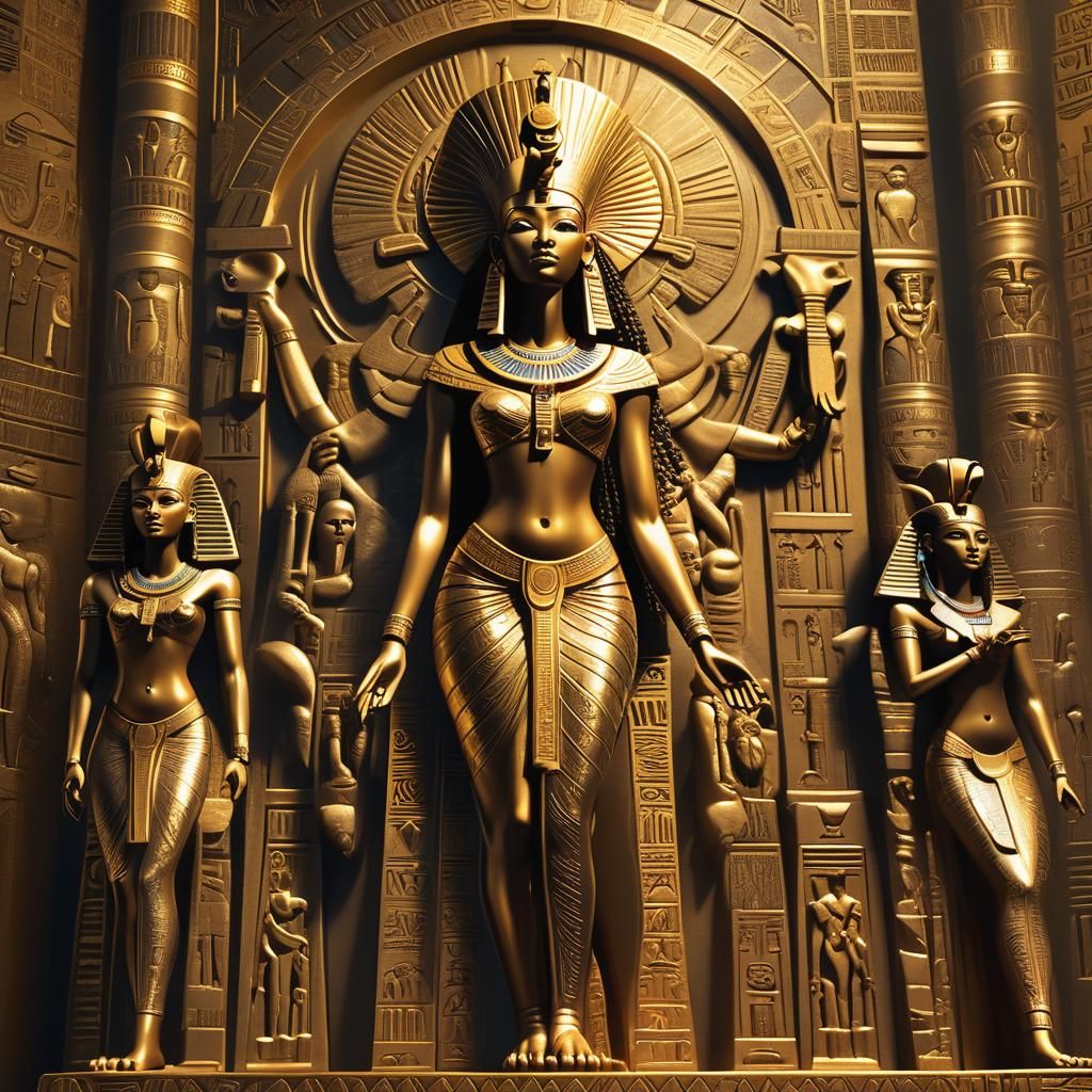 Golden African Goddess Among Egyptian Statues